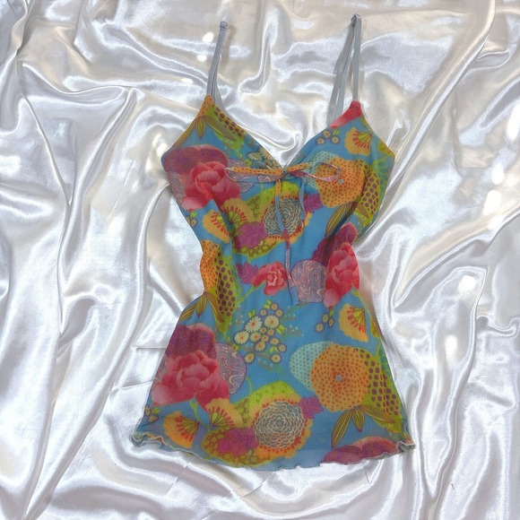 Twilight Tops - y2k Cami Top Blue Excellent Mesh Floral Lettuce Edge Tie Front Twilight Camisole